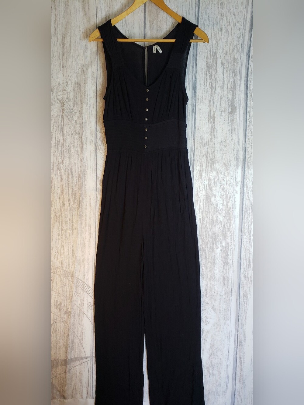 Mudd sleeveless black wide-leg jumpsuit V-neck Empire Waist Stretch Large A18